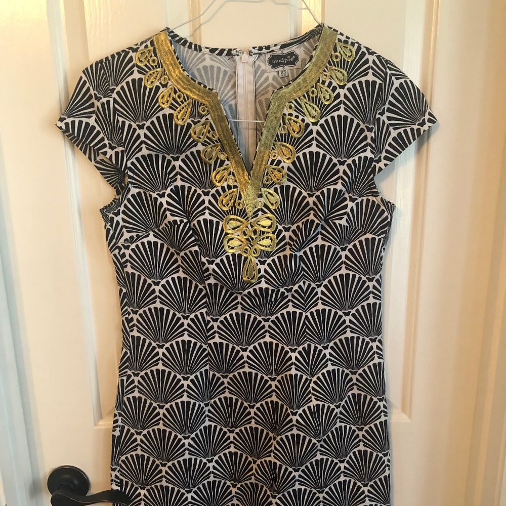 Mudpie Gold Embroidered Black and White Dress